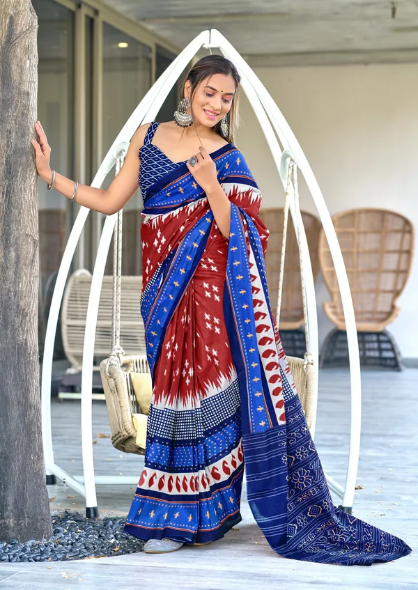 Handicraft_Beautiful_Handicraft_Pure_Soft_MulMulcotton_IKKAT_Hand_Blcok_Print_Saree_With_Blouce_Piece