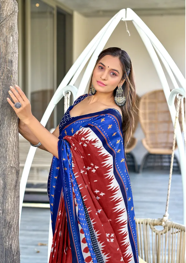 Handicraft_Beautiful_Handicraft_Pure_Soft_MulMulcotton_IKKAT_Hand_Blcok_Print_Saree_With_Blouce_Piece