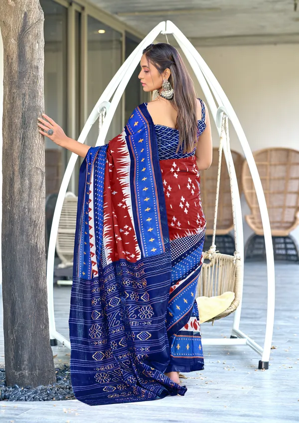 Handicraft_Beautiful_Handicraft_Pure_Soft_MulMulcotton_IKKAT_Hand_Blcok_Print_Saree_With_Blouce_Piece