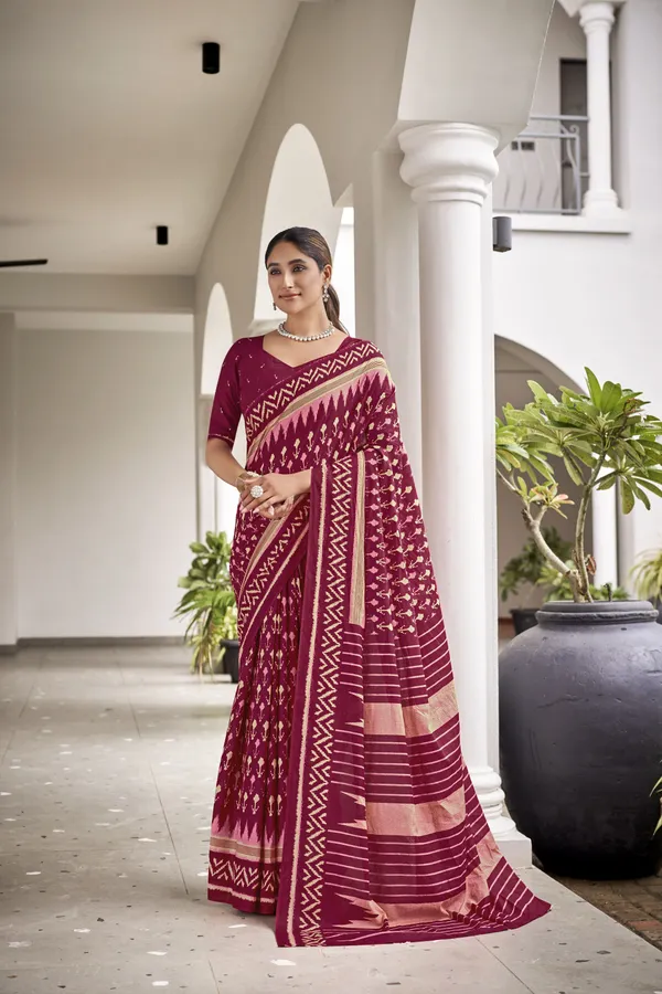 Beautiful_Handicraft_Pure_Soft_MulMul_Cotton_Ikkat_Hand_PrintedSaree_With_Blouse_Piece