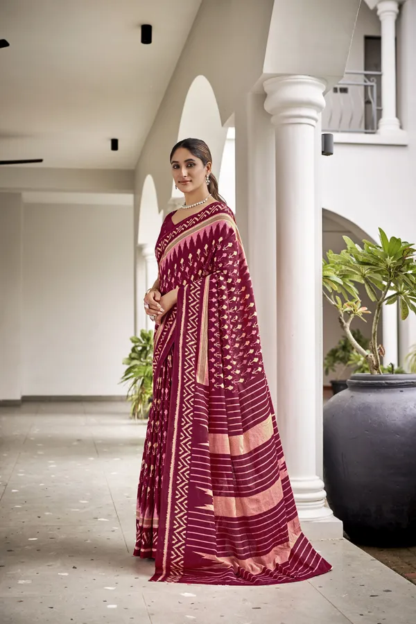 Beautiful_Handicraft_Pure_Soft_MulMul_Cotton_Ikkat_Hand_PrintedSaree_With_Blouse_Piece