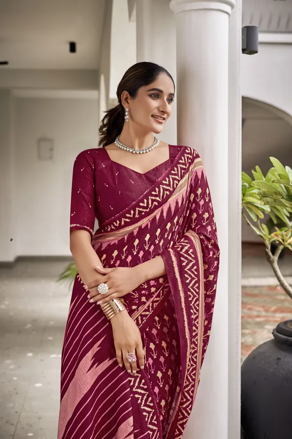 Beautiful_Handicraft_Pure_Soft_MulMul_Cotton_Ikkat_Hand_PrintedSaree_With_Blouse_Piece