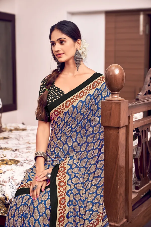 Beautiful_Handicraft_Pure_Soft_MulMul_Cotton_Ikkat_Hand_PrintedSaree_With_Blouse_Piece