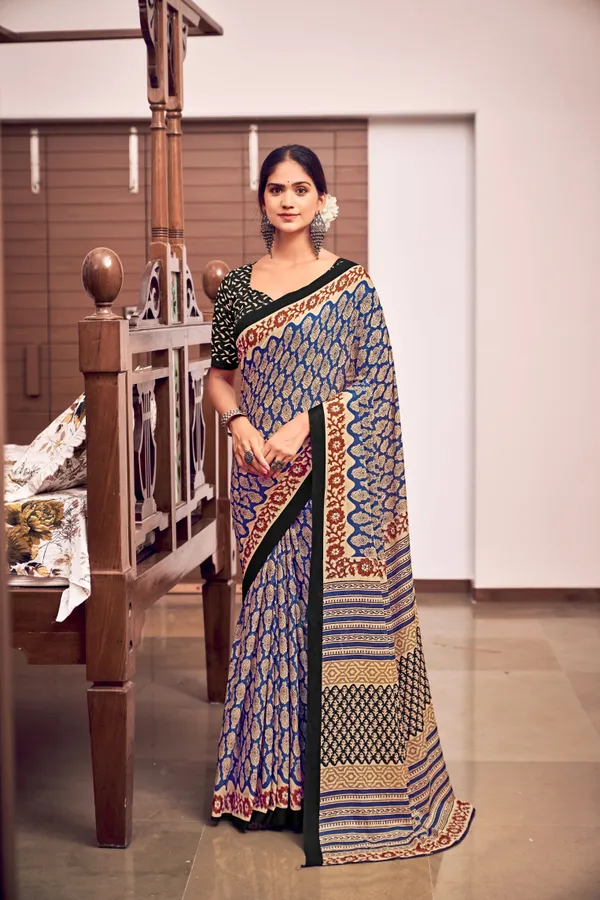 Beautiful_Handicraft_Pure_Soft_MulMul_Cotton_Ikkat_Hand_PrintedSaree_With_Blouse_Piece