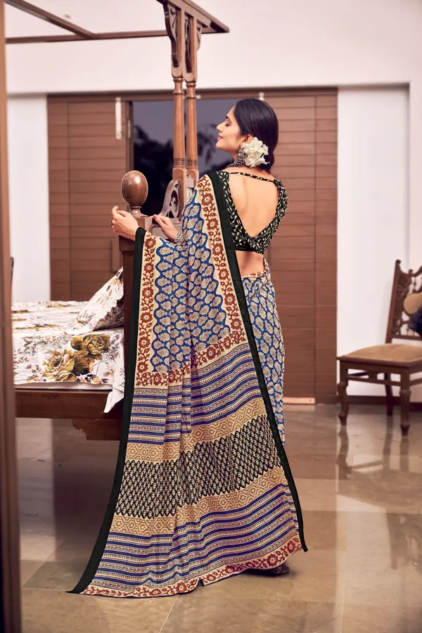 Beautiful_Handicraft_Pure_Soft_MulMul_Cotton_Ikkat_Hand_PrintedSaree_With_Blouse_Piece