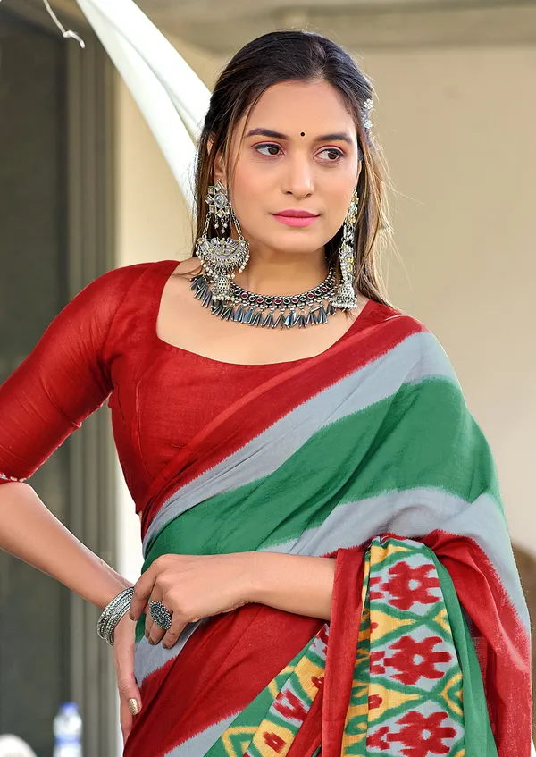 Handicraft_Beautiful_Handicraft_Pure_Soft_MulMulcotton_IKKAT_Hand_Blcok_Print_Saree_With_Blouce_Piece