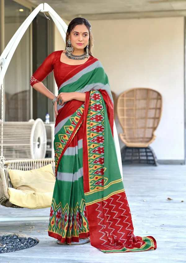 Handicraft_Beautiful_Handicraft_Pure_Soft_MulMulcotton_IKKAT_Hand_Blcok_Print_Saree_With_Blouce_Piece