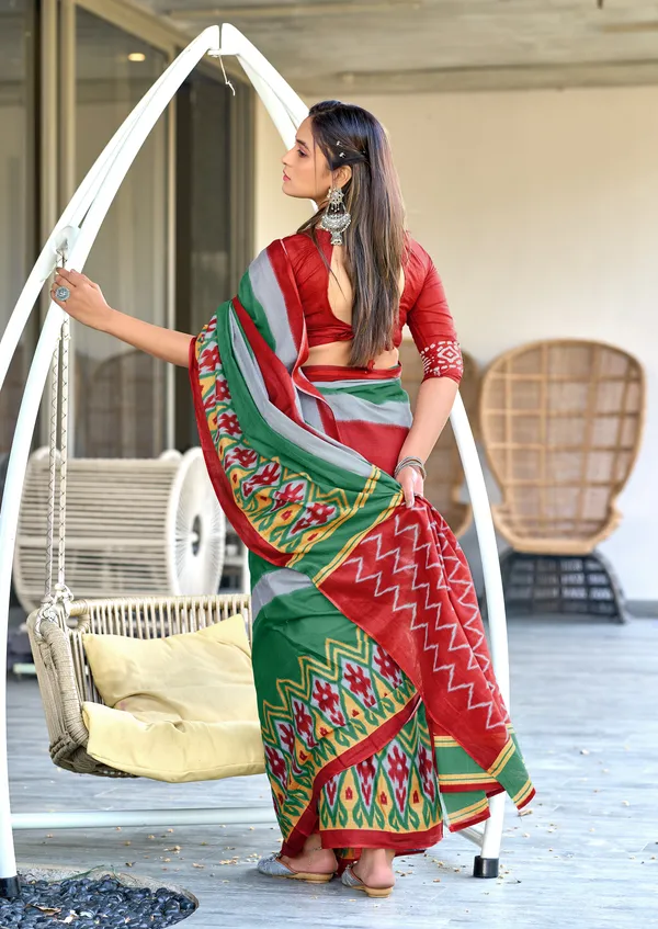 Handicraft_Beautiful_Handicraft_Pure_Soft_MulMulcotton_IKKAT_Hand_Blcok_Print_Saree_With_Blouce_Piece