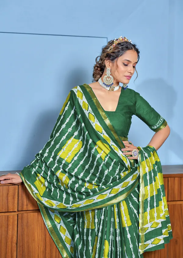 Green_Beautiful_Zari_Border_Handicraft_Pure_Soft_MulMul_Shibori_Hand_Print_Cotton_Saree_With_Blouse_Piece