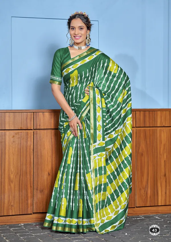 Green_Beautiful_Zari_Border_Handicraft_Pure_Soft_MulMul_Shibori_Hand_Print_Cotton_Saree_With_Blouse_Piece