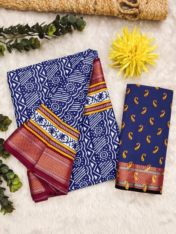 Navy_Blue_New_Stylish_Zari_Border_Ajarkh_Block_Print_Pure_Mulmul_Cotton_Saree
