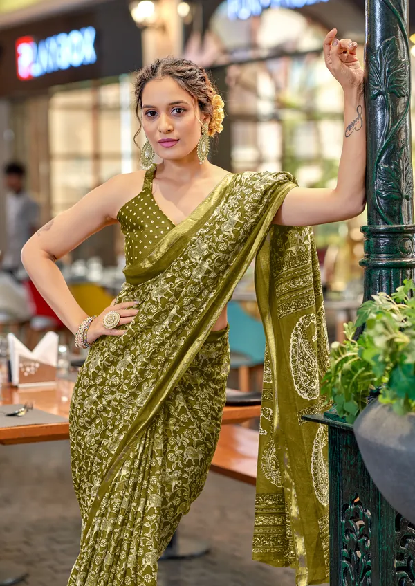 Light_Green__Beautiful_Zari_Border_Handicraft_Pure_Soft_MulMul_Ajrakh_Hand_Print_Cotton_Saree_With_Blouse_Piece