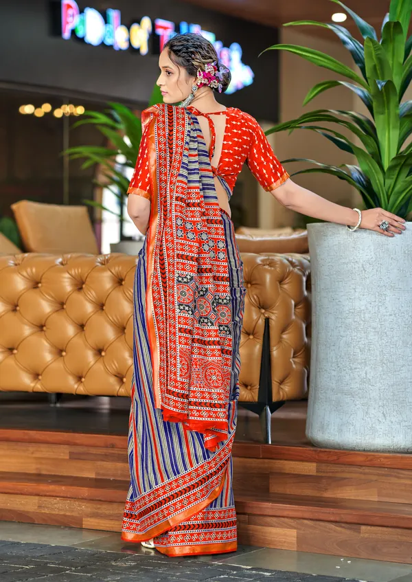 Beautiful_Handicraft_Pure_Soft_MulMul_Cotton_Ikkat_Hand_PrintedSaree_With_Blouse_Piece