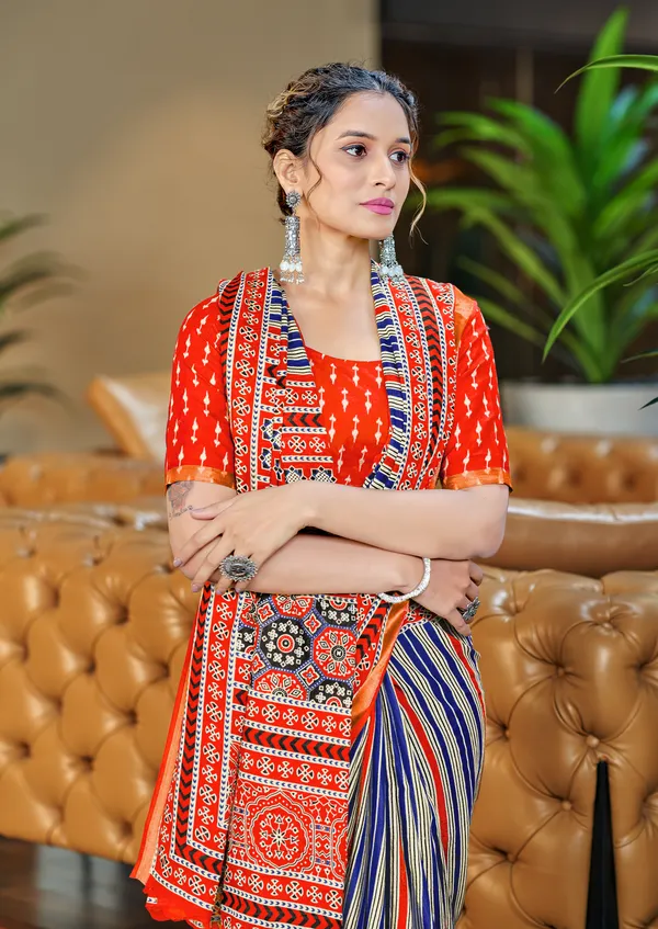 Beautiful_Handicraft_Pure_Soft_MulMul_Cotton_Ikkat_Hand_PrintedSaree_With_Blouse_Piece