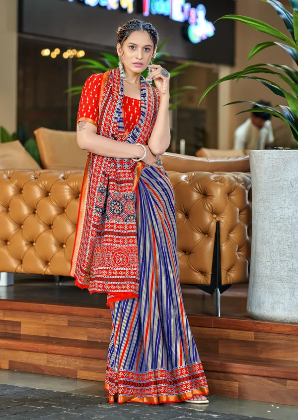 Beautiful_Handicraft_Pure_Soft_MulMul_Cotton_Ikkat_Hand_PrintedSaree_With_Blouse_Piece