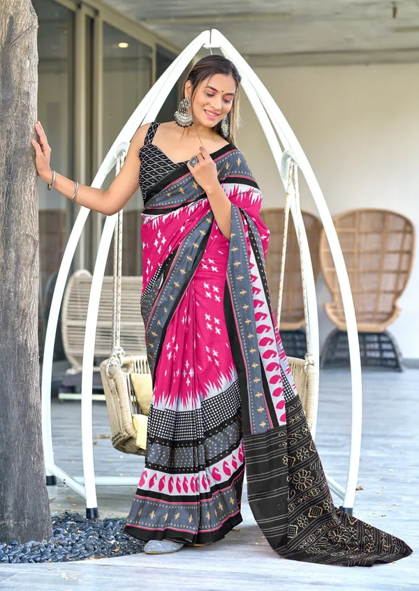 Handicraft_Beautiful_Handicraft_Pure_Soft_MulMulcotton_IKKAT_Hand_Blcok_Print_Saree_With_Blouce_Piece
