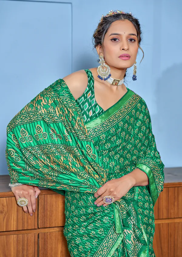 Beautiful_Zari_Border_Handicraft_Pure_Soft_MulMul_Ikkat_Hand_Print_Cotton_Saree_With_Blouse_Piece