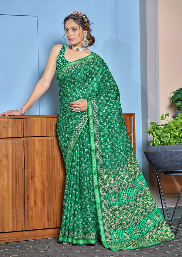 Beautiful_Zari_Border_Handicraft_Pure_Soft_MulMul_Ikkat_Hand_Print_Cotton_Saree_With_Blouse_Piece