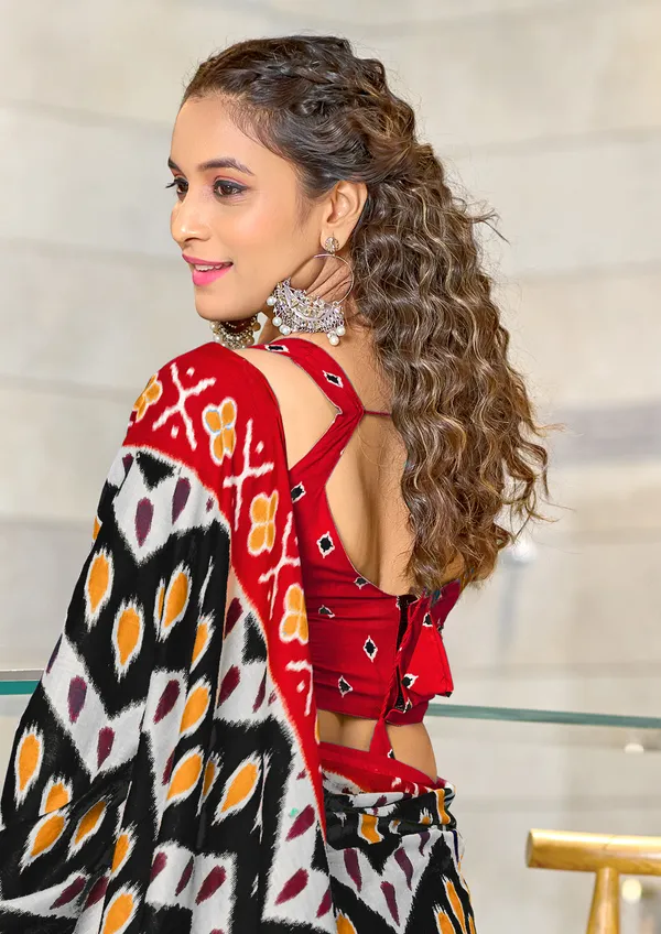 Handicraft_Beautiful_Handicraft_Pure_Soft_MulMulcotton_IKKAT_Hand_Blcok_Print_Saree_With_Blouce_Piece