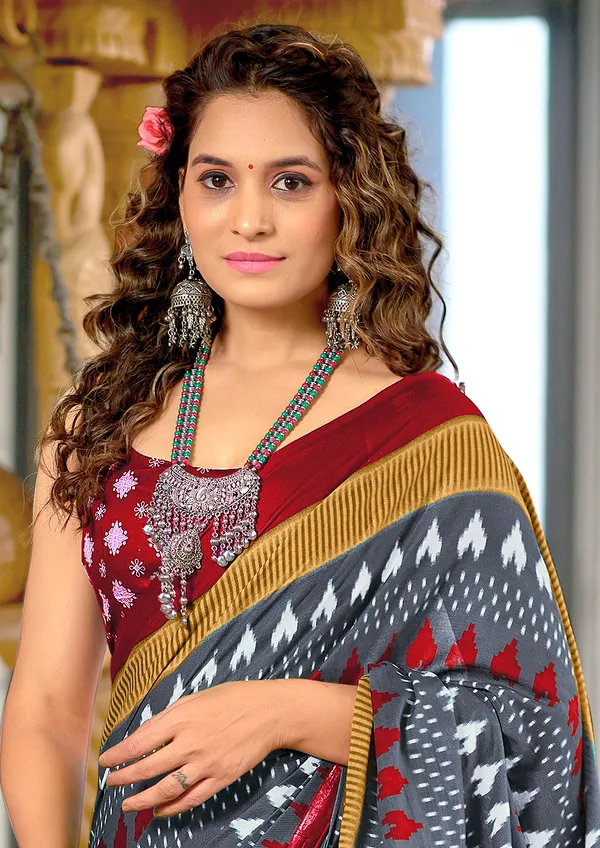 Handicraft_Beautiful_Handicraft_Pure_Soft_MulMulcotton_IKKAT_Hand_Blcok_Print_Saree_With_Blouce_Piece
