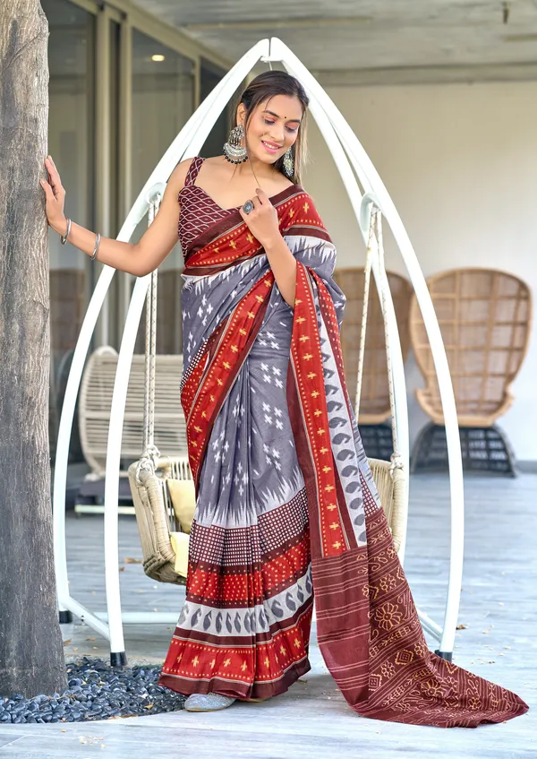 Handicraft_Beautiful_Handicraft_Pure_Soft_MulMulcotton_IKKAT_Hand_Blcok_Print_Saree_With_Blouce_Piece