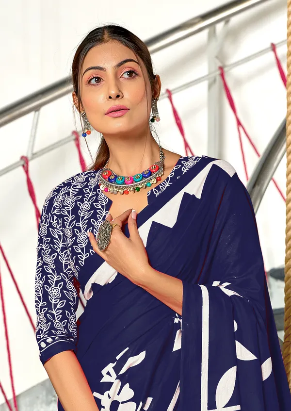 Handicraft_Beautiful_Handicraft_Pure_Soft_MulMulcotton_IKKAT_Hand_Blcok_Print_Saree_With_Blouce_Piece