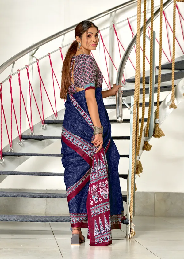 Handicraft_Beautiful_Handicraft_Pure_Soft_MulMulcotton_IKKAT_Hand_Blcok_Print_Saree_With_Blouce_Piece