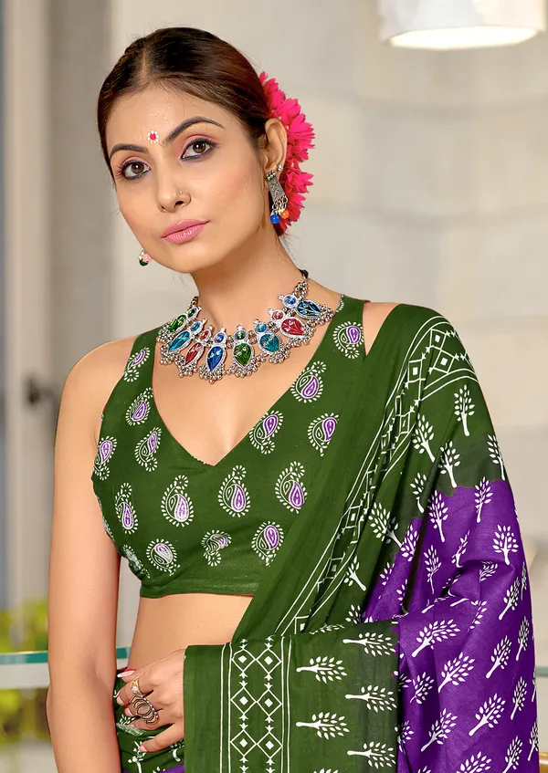 Handicraft_Beautiful_Handicraft_Pure_Soft_MulMulcotton_IKKAT_Hand_Blcok_Print_Saree_With_Blouce_Piece