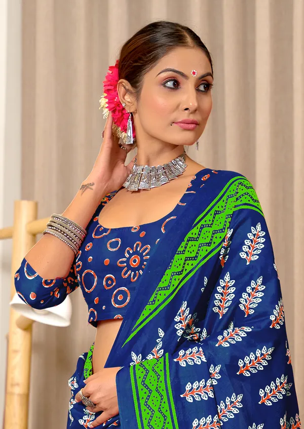 Handicraft_Beautiful_Handicraft_Pure_Soft_MulMulcotton_IKKAT_Hand_Blcok_Print_Saree_With_Blouce_Piece