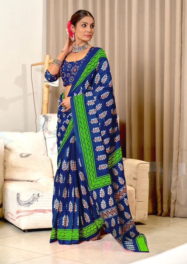 Handicraft_Beautiful_Handicraft_Pure_Soft_MulMulcotton_IKKAT_Hand_Blcok_Print_Saree_With_Blouce_Piece