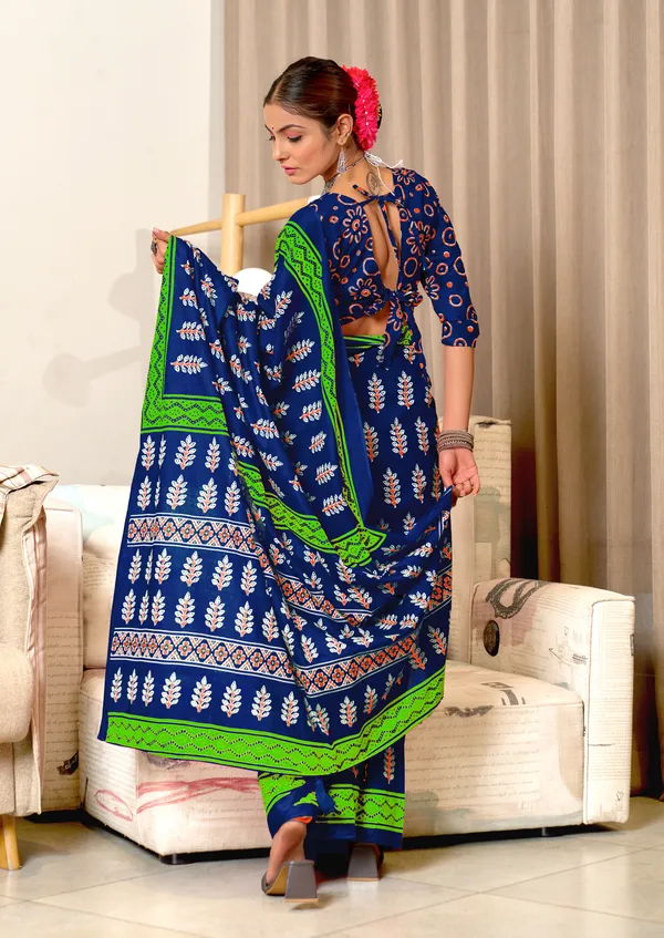 Handicraft_Beautiful_Handicraft_Pure_Soft_MulMulcotton_IKKAT_Hand_Blcok_Print_Saree_With_Blouce_Piece