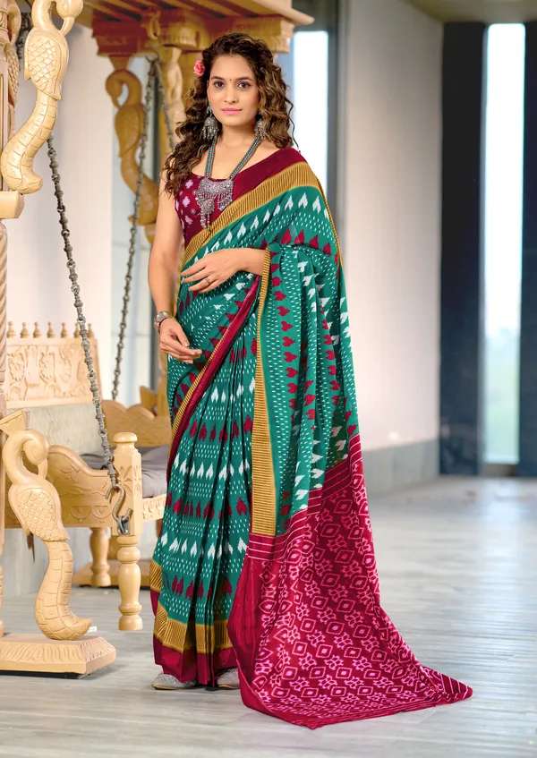 Handicraft_Beautiful_Handicraft_Pure_Soft_MulMulcotton_IKKAT_Hand_Blcok_Print_Saree_With_Blouce_Piece
