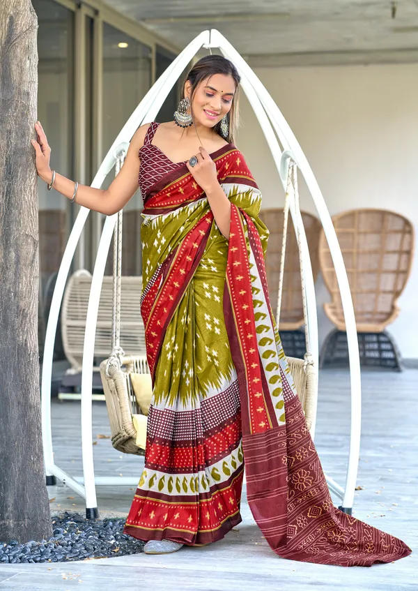 Handicraft_Beautiful_Handicraft_Pure_Soft_MulMulcotton_IKKAT_Hand_Blcok_Print_Saree_With_Blouce_Piece