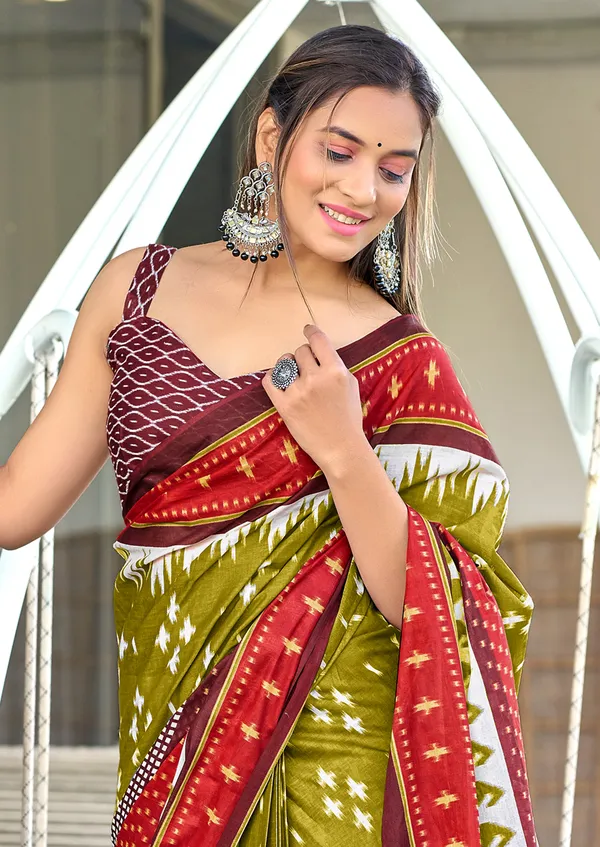 Handicraft_Beautiful_Handicraft_Pure_Soft_MulMulcotton_IKKAT_Hand_Blcok_Print_Saree_With_Blouce_Piece