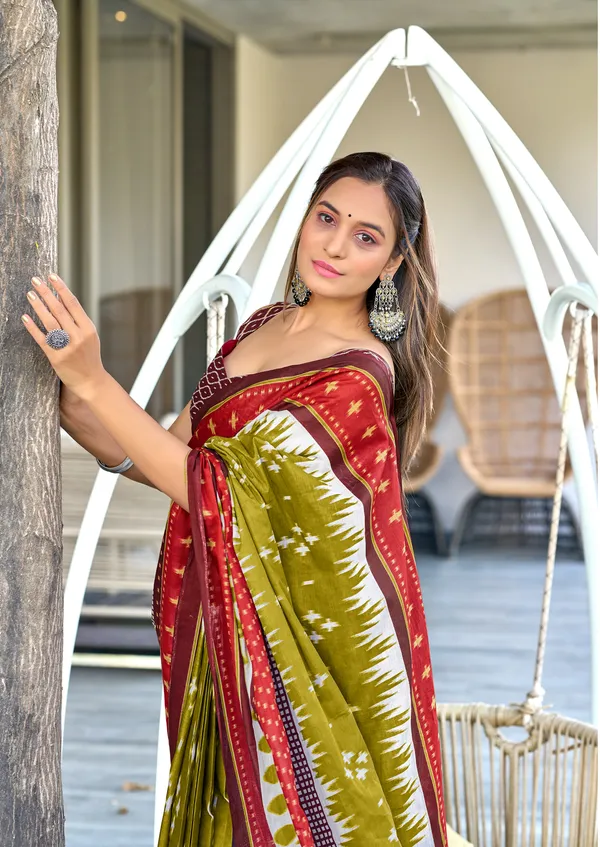 Handicraft_Beautiful_Handicraft_Pure_Soft_MulMulcotton_IKKAT_Hand_Blcok_Print_Saree_With_Blouce_Piece