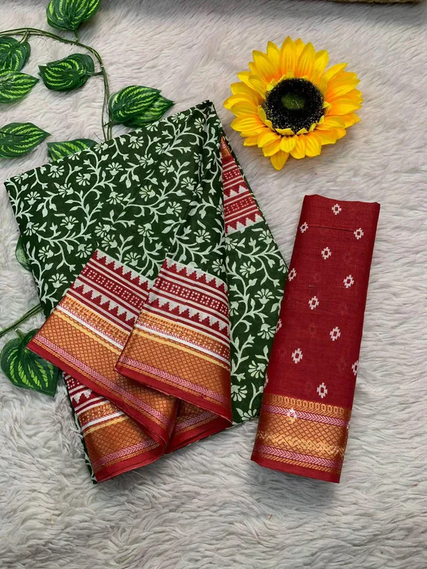 Green_Mustard_New_Stylish_Zari_Border_Ajarkh_Block_Print_Pure_Mulmul_Cotton_Saree