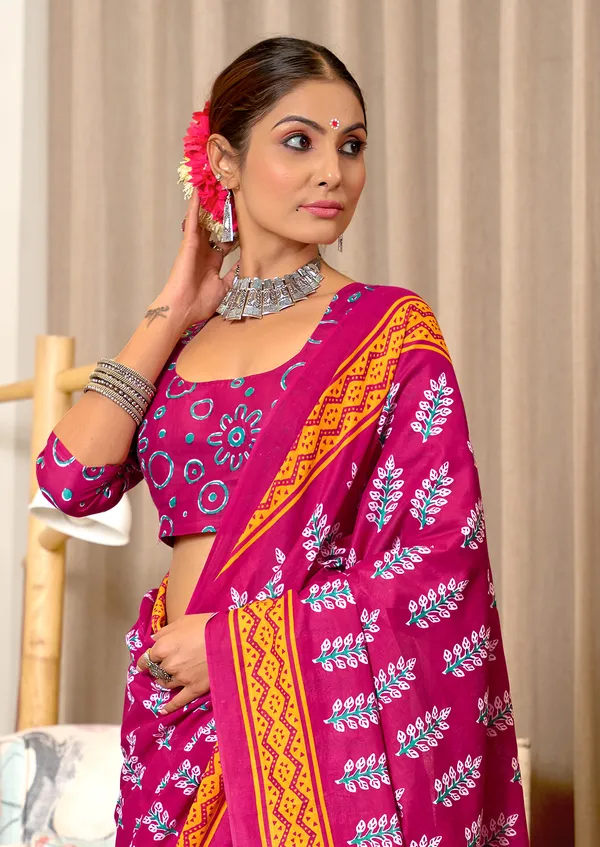 Handicraft_Beautiful_Handicraft_Pure_Soft_MulMulcotton_IKKAT_Hand_Blcok_Print_Saree_With_Blouce_Piece