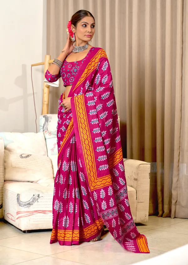 Handicraft_Beautiful_Handicraft_Pure_Soft_MulMulcotton_IKKAT_Hand_Blcok_Print_Saree_With_Blouce_Piece