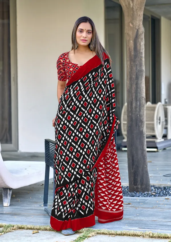 Handicraft_Beautiful_Handicraft_Pure_Soft_MulMulcotton_IKKAT_Hand_Blcok_Print_Saree_With_Blouce_Piece