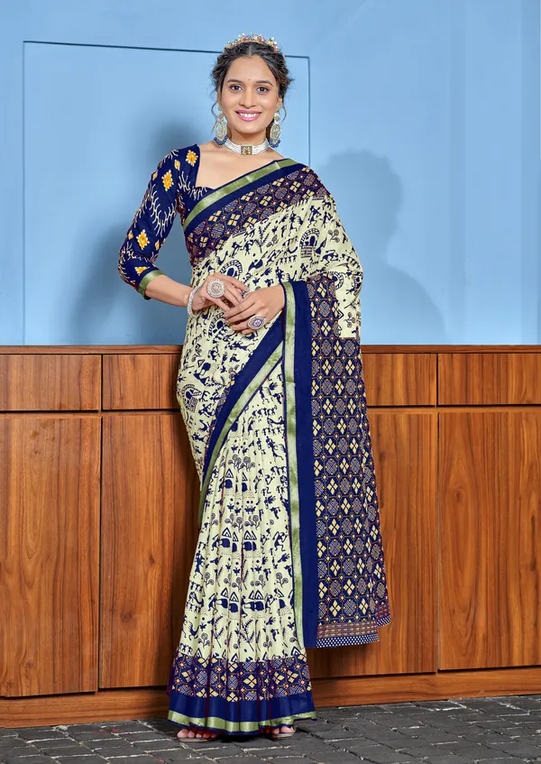 Beautiful_Zari_Border_Handicraft_Pure_Soft_MulMul_Ikkat_Hand_Print_Cotton_Saree_With_Blouse_Piece