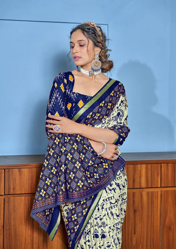 Beautiful_Zari_Border_Handicraft_Pure_Soft_MulMul_Ikkat_Hand_Print_Cotton_Saree_With_Blouse_Piece