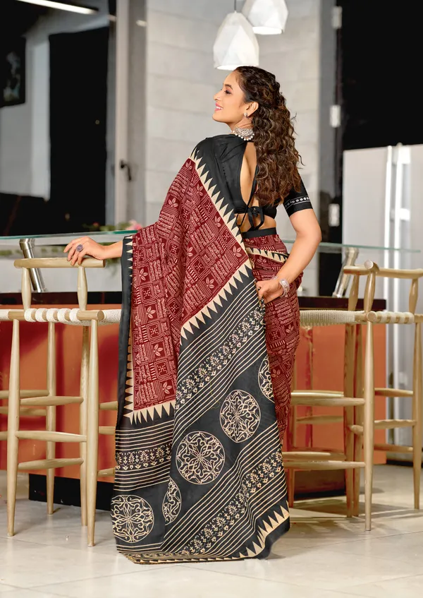 Handicraft_Beautiful_Handicraft_Pure_Soft_MulMulcotton_IKKAT_Hand_Blcok_Print_Saree_With_Blouce_Piece