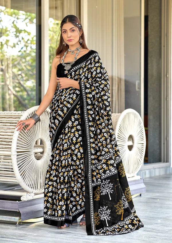 Handicraft_Beautiful_Handicraft_Pure_Soft_MulMulcotton_IKKAT_Hand_Blcok_Print_Saree_With_Blouce_Piece