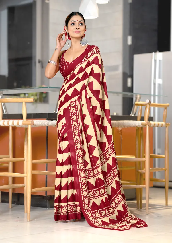 Handicraft_Beautiful_Handicraft_Pure_Soft_MulMulcotton_IKKAT_Hand_Blcok_Print_Saree_With_Blouce_Piece
