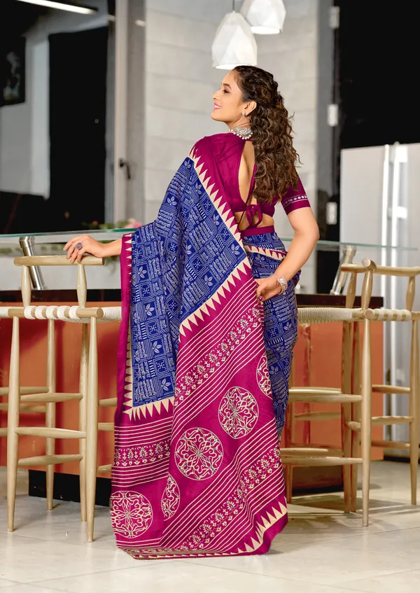 Handicraft_Beautiful_Handicraft_Pure_Soft_MulMulcotton_IKKAT_Hand_Blcok_Print_Saree_With_Blouce_Piece