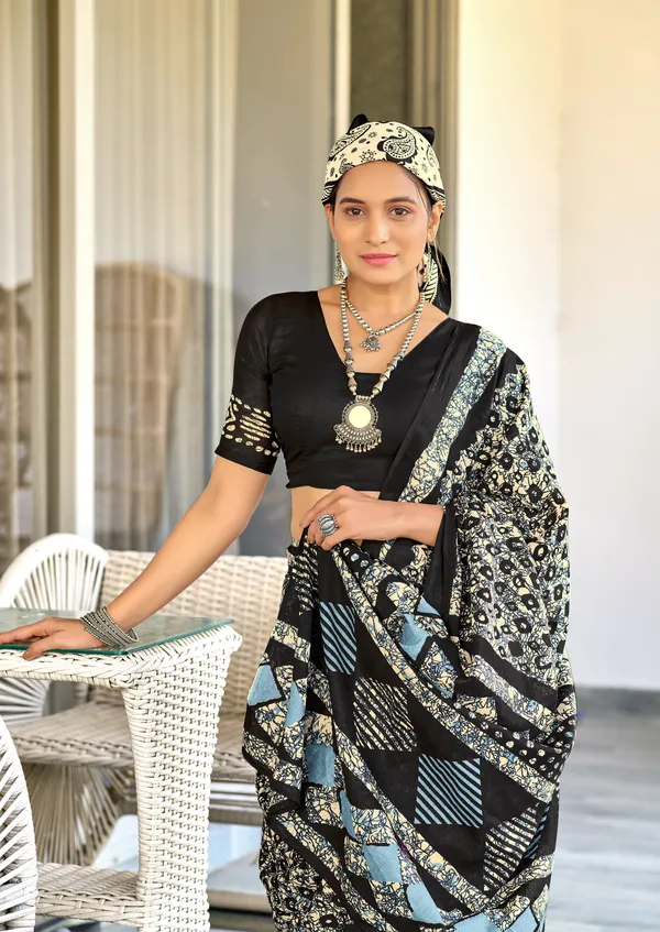 Handicraft_Beautiful_Handicraft_Pure_Soft_MulMulcotton_IKKAT_Hand_Blcok_Print_Saree_With_Blouce_Piece