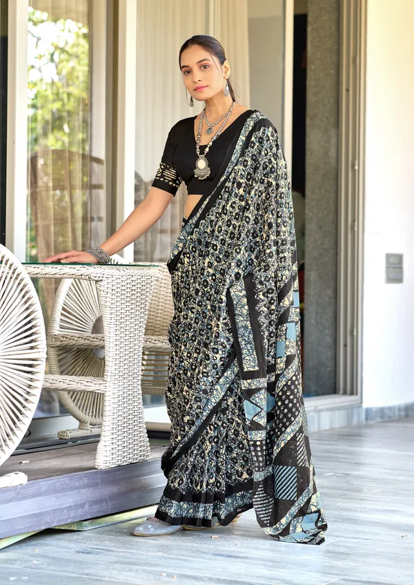 Handicraft_Beautiful_Handicraft_Pure_Soft_MulMulcotton_IKKAT_Hand_Blcok_Print_Saree_With_Blouce_Piece