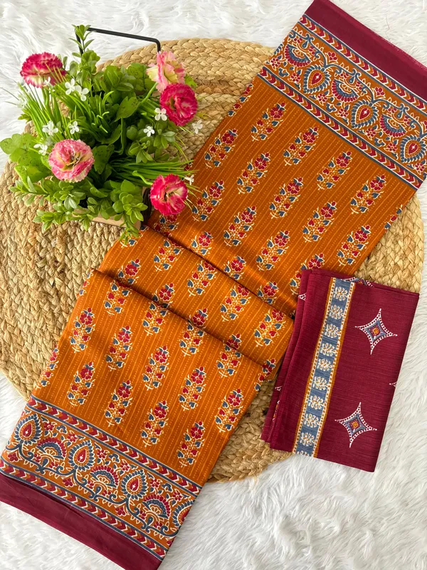 Stylish__Handicraft_Pure_Soft_MulMul_Ikkat_Hand_Print_Cotton_Saree_With_Blouse_Piece