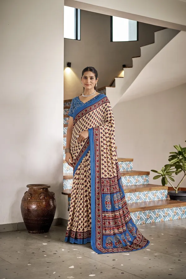 Beautiful_Handicraft_Pure_Soft_MulMul_Cotton_Ikkat_Hand_PrintedSaree_With_Blouse_Piece