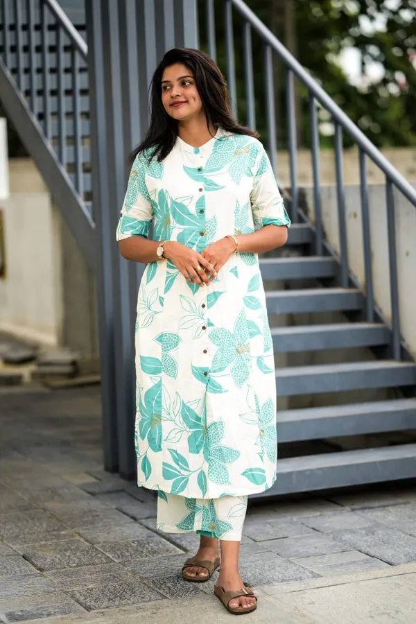 Green_&_White_Floral_Cotton_A-Line_Kurti_With_Ankle-Length_Palazzo_Set_For_Women